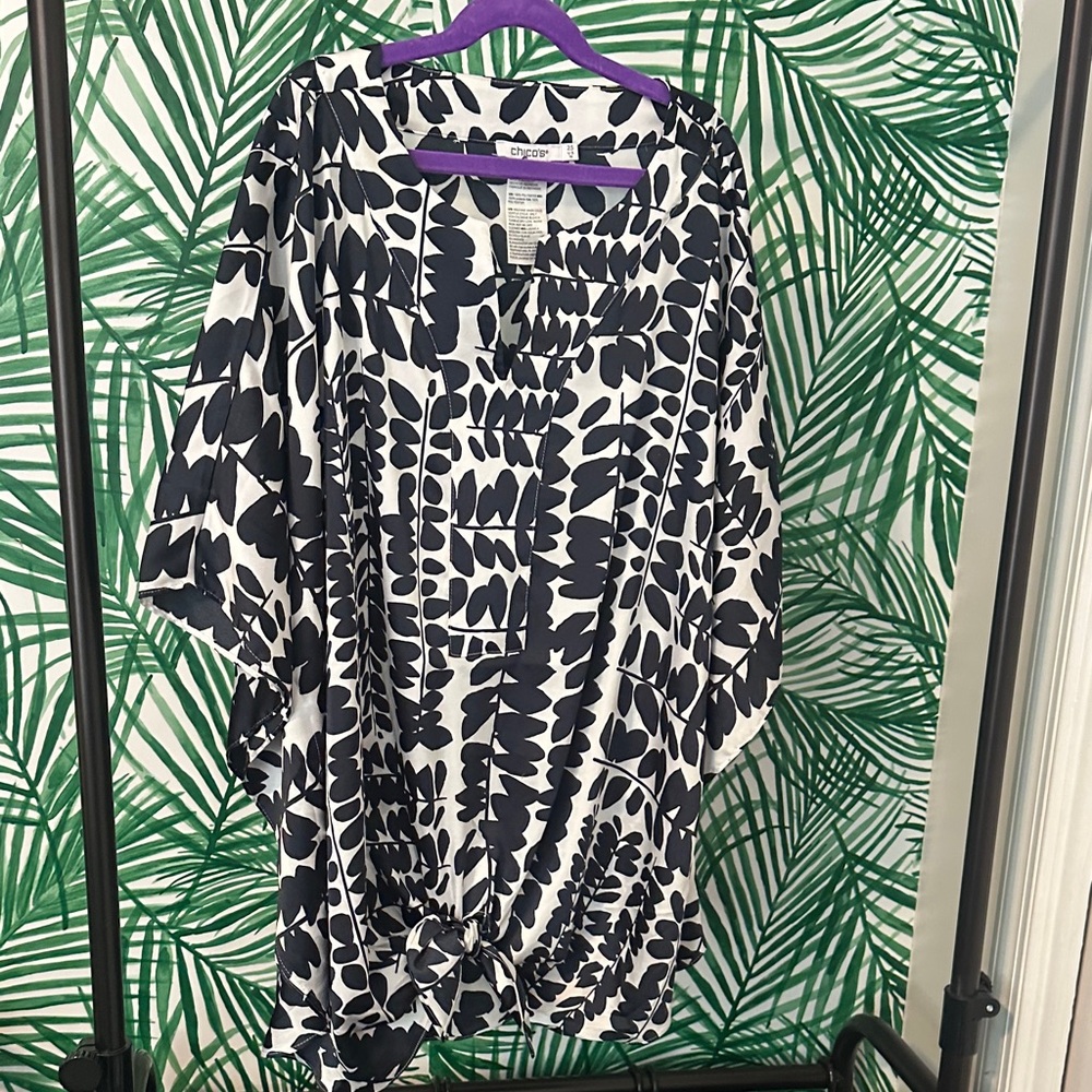 Chico's Navy and Cream Leaf Pattern Blouse with front tie